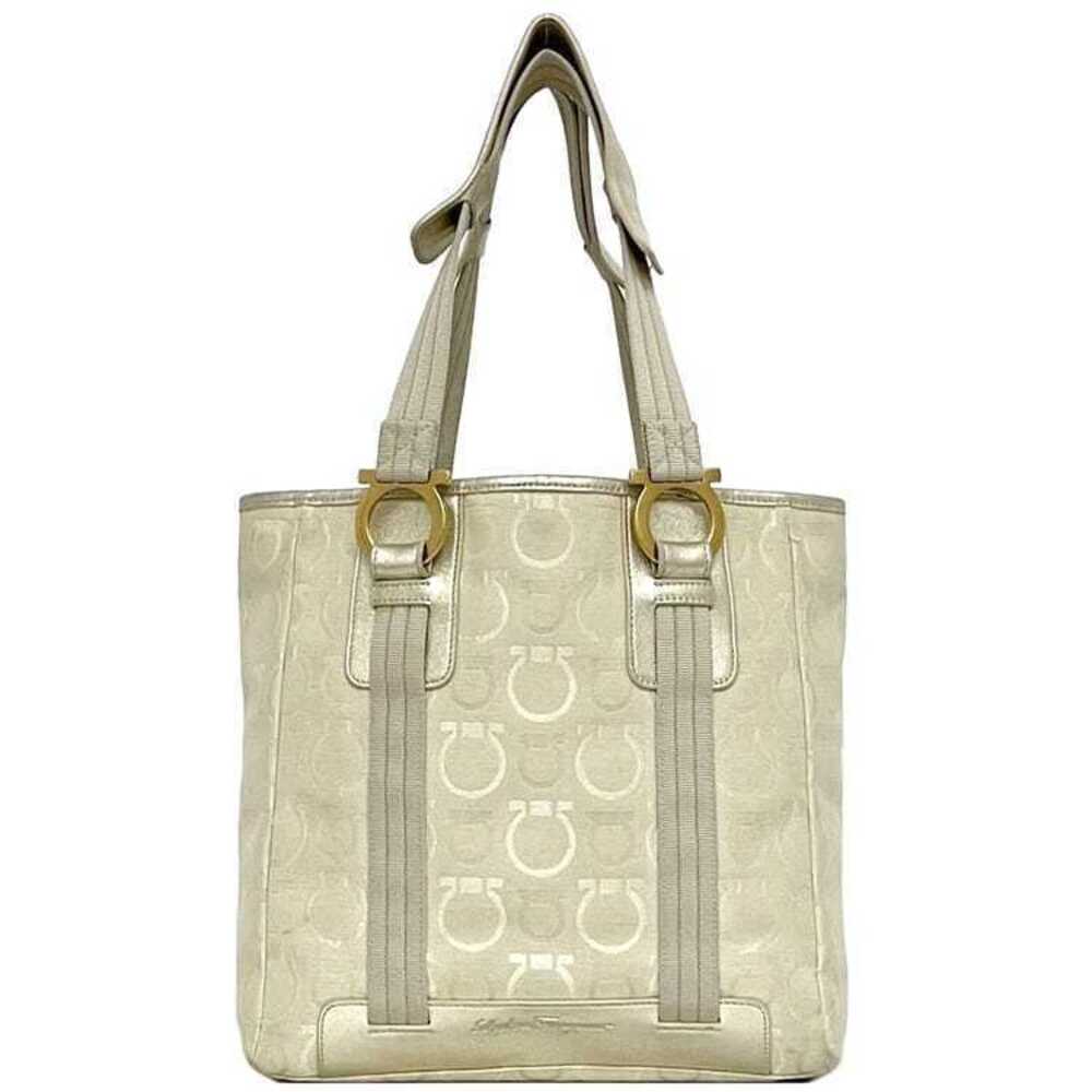 Salvatore Ferragamo Tote Bag Gancini Canvas Leather Work Beige Tan